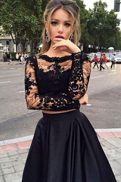 Long Sleeve Two Piece Prom Dress Black Satin Evening Dress,WP209