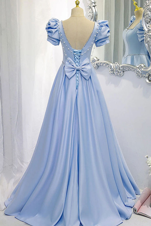 A Line Blue Satin Long Prom Dress Beaded Evening Dress,WP228