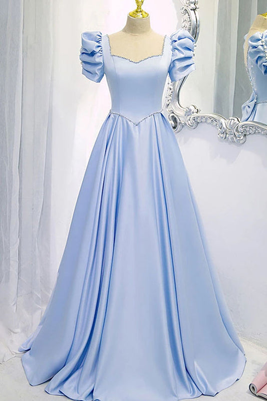 A Line Blue Satin Long Prom Dress Beaded Evening Dress,WP228