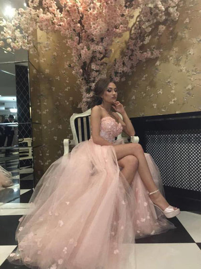 A Line Sweetheart Pink Tulle Prom Dress Floral Evening Dress,WP248
