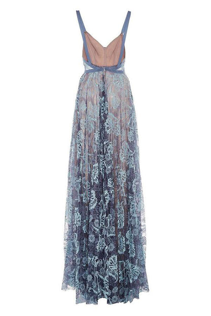 A Line V Neck Blue Lace Long Prom Dress Elegant Graduation Dress,WP254
