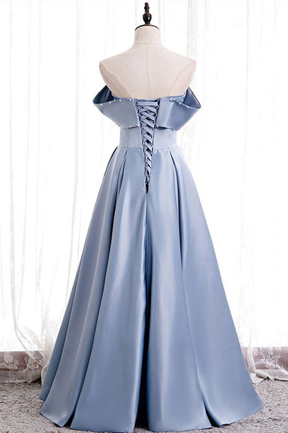 Blue Off The Shoulder Long Prom Dress With Beading,WP190