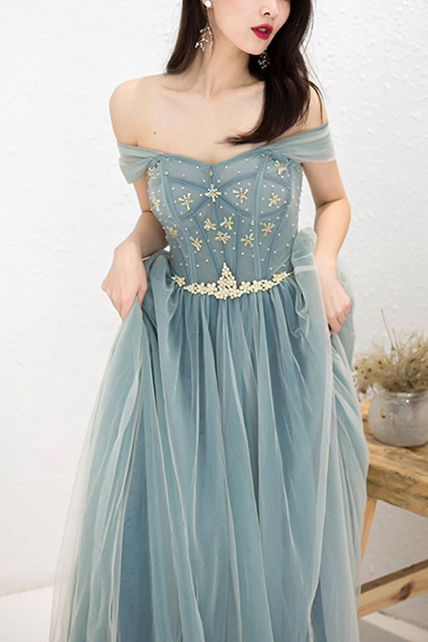 Beaded Off The Shoulder Dusty Blue Tulle Prom Dress,WP322