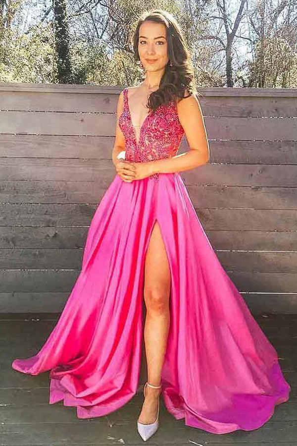 A Line Beaded Fuchsia Satin Long Prom Dress With Slit ,WP333