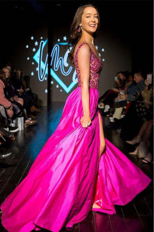 A Line Beaded Fuchsia Satin Long Prom Dress With Slit ,WP333