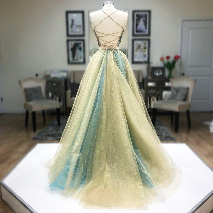 Green Tulle Two Piece Corset Back Beaded Long Prom Dress,WP340