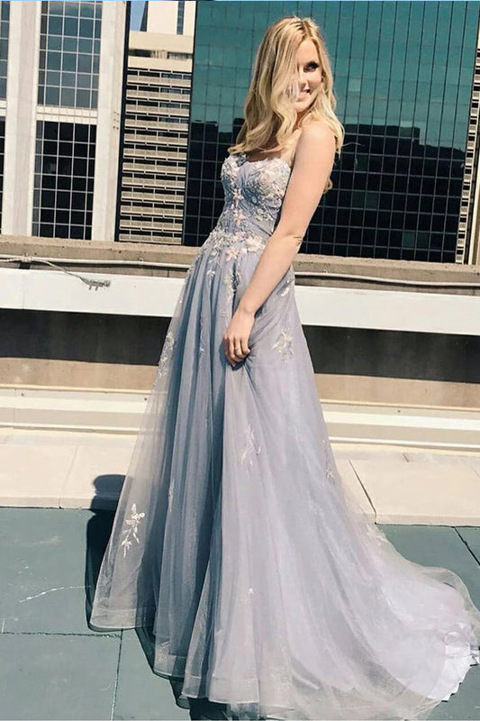 A-Line Gray Tulle Long Prom Dress With Appliques,WP342