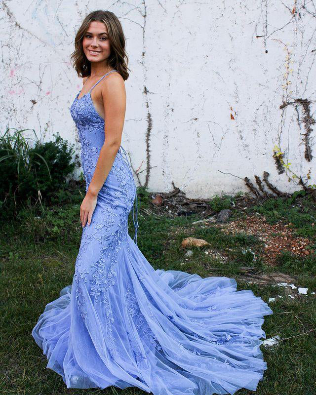 Mermaid Tulle Straps Lace Up Prom Dresses With Appliques,WP379