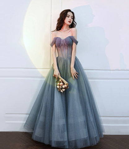 Gray Tulle Off The Shoulder Lace Up Long Prom Dress Long Evening Dress,WP390