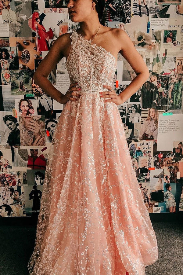 A Line One shoulder Pink Long Prom Dress,Lace Evening Dress,WP406