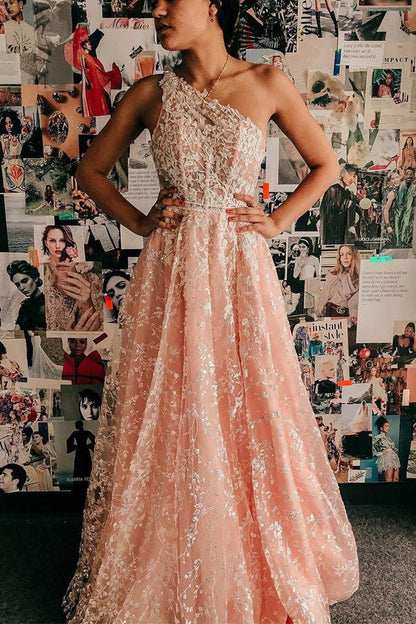 A Line One shoulder Pink Long Prom Dress,Lace Evening Dress,WP406