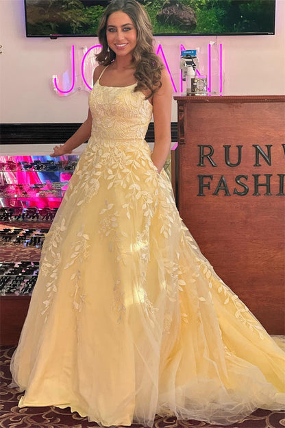 A-Line Scoop Neckline Yellow Tulle Long Prom Dress Formal Dress,WP419