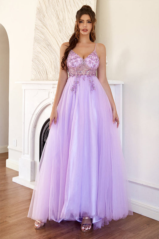 A-Line Lilac Tulle Long Prom Dress With Beading,WP421