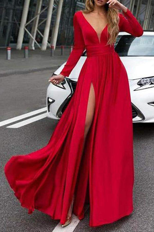 A Line Long Sleeve Prom Dress Dark Green Long Formal Dress WP444