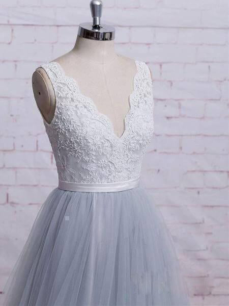 A-line Gray Tulle Lace Wedding Dress Long Formal Dress,WW057