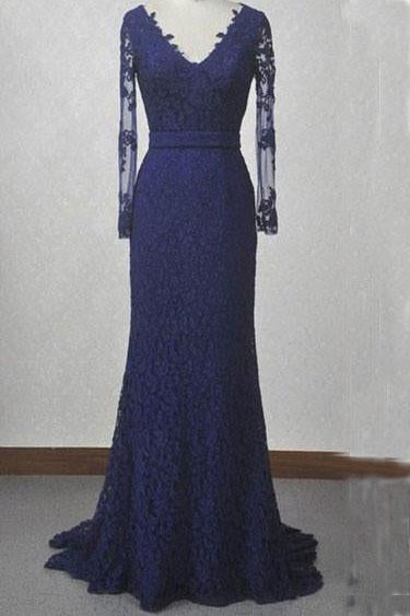 Navy Blue Lace Mermaid Mother of the Bride Dress, Elegant Long Sleeves Party Dress WM107