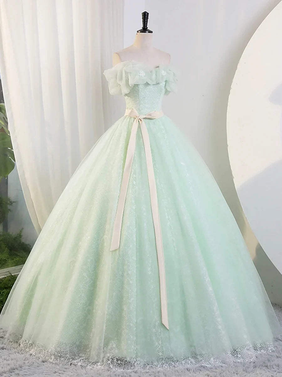 Hermosos vestidos de fiesta de tul verde salvia hasta el suelo, corte A, hombros descubiertos, vestidos de noche TP182