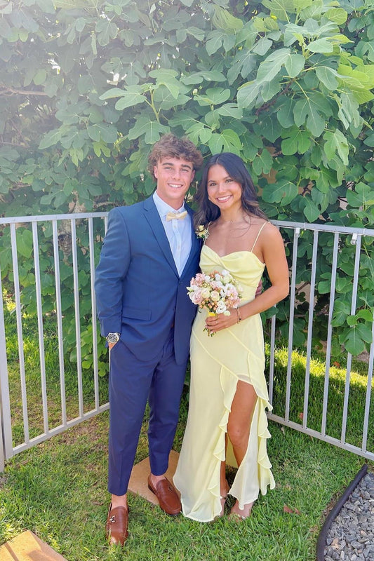 Straps Yellow Chiffon Ruffled Formal Party Dress with Slit