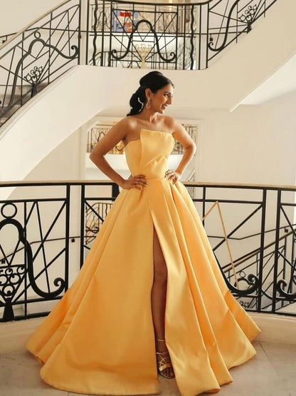 Vestido de fiesta largo amarillo sin espalda, corte A, de satén, para fiesta formal 