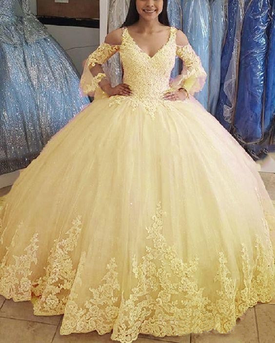 Vestidos de quinceañera amarillos con encaje y corte princesa, mangas largas abullonadas, para dulces 16