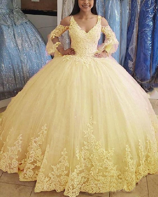 Vestidos de quinceañera amarillos con encaje y corte princesa, mangas largas abullonadas, para dulces 16