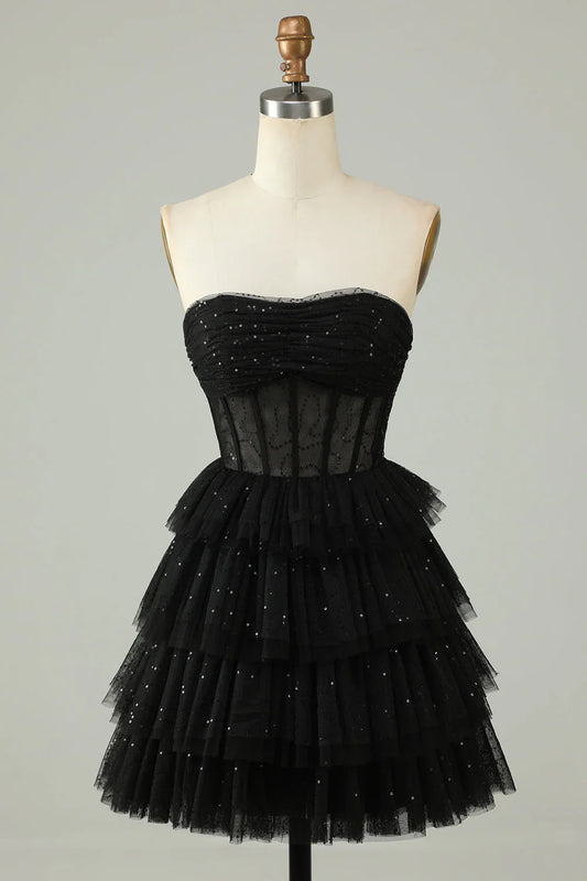 Hermoso vestido de fiesta negro con lentejuelas, corte A, sin tirantes y con capas TP3636