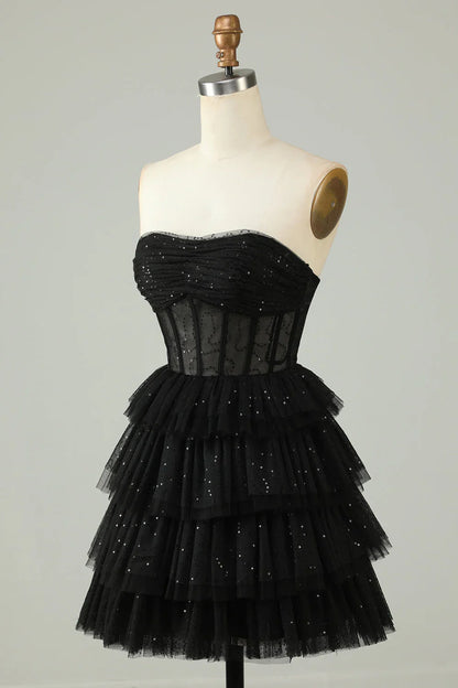 Gorgeous Black Sequined Design A-line Strapless Tiered Homecoming Dress TP3636