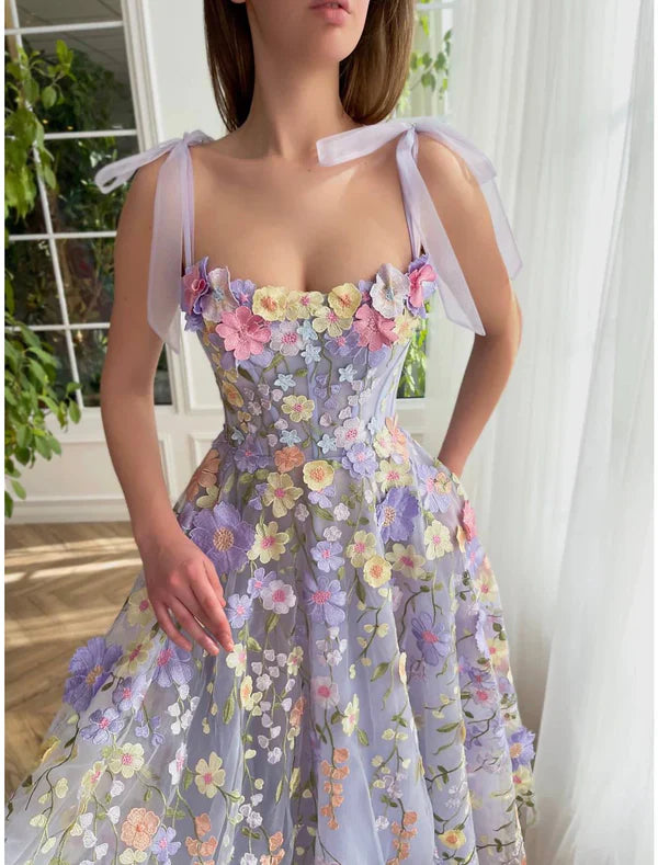 Elegant A-Line Corsets Dress Wedding Guest Summer Tea Length Sleeveless Prom Dress Scoop Neck Bridesmaid Dress Tulle with Appliques DP251