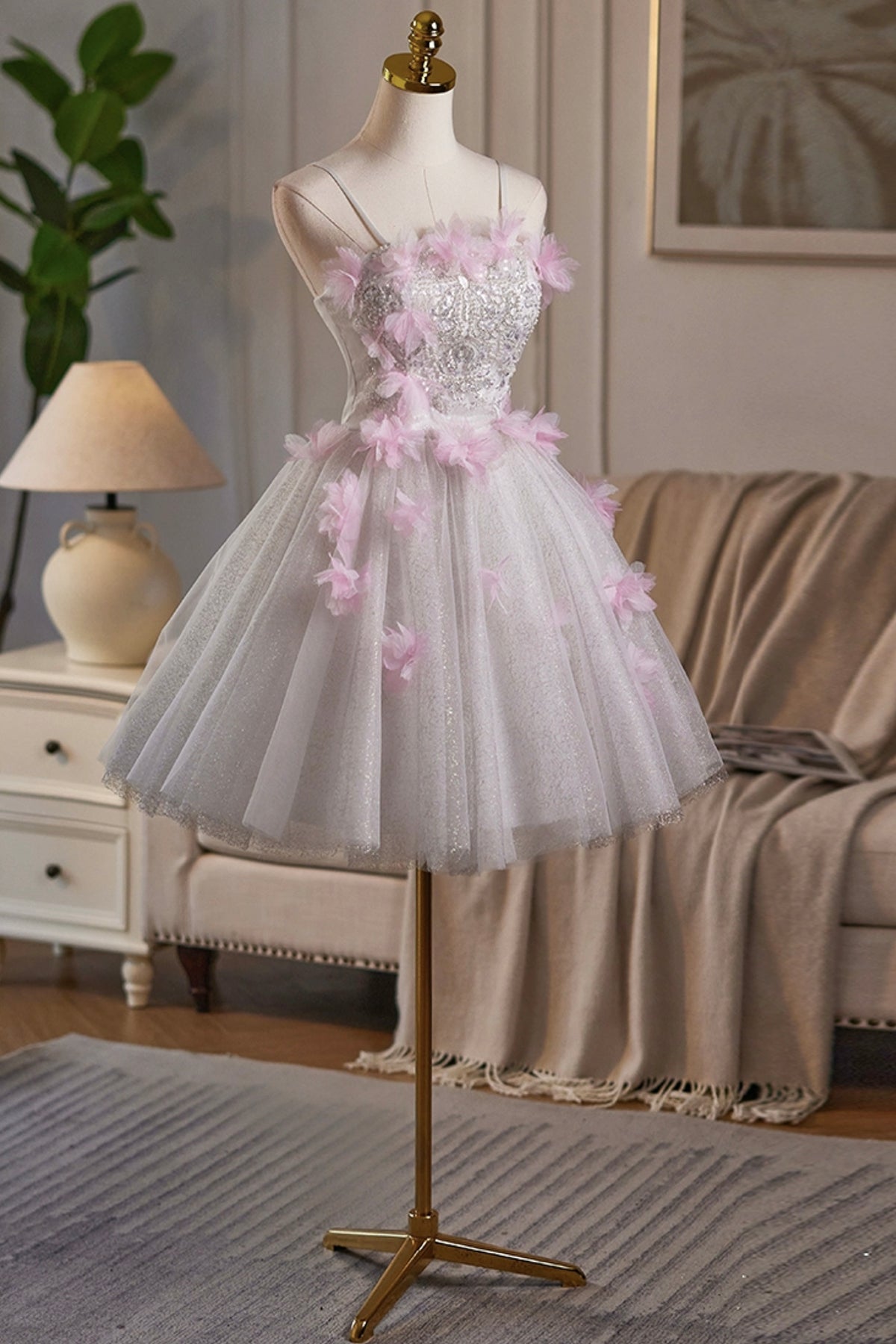 Gray Tulle Sequins Short Prom Dress, Lovely A-Line Evening Party Dress