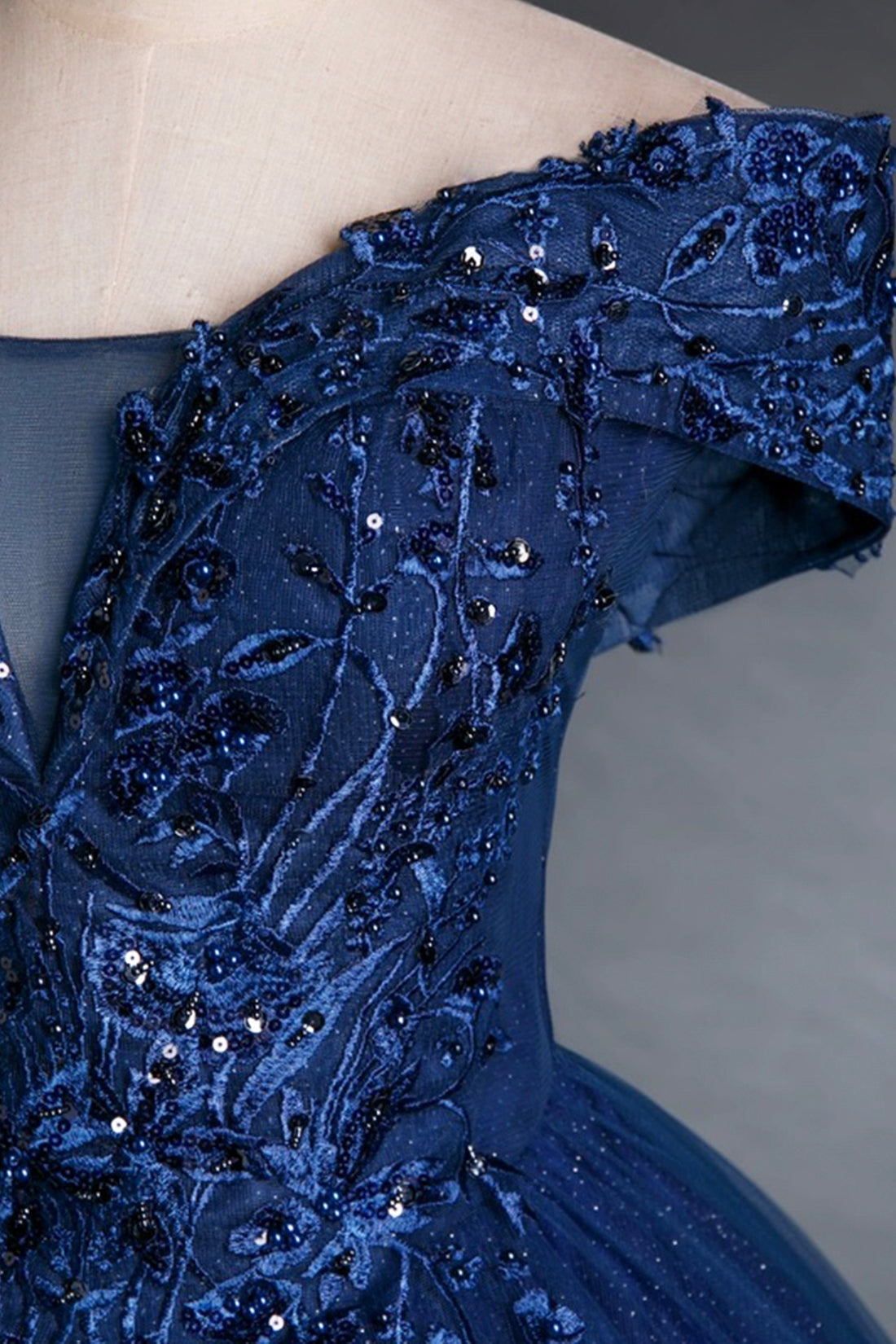 Blue Tulle Lace Long A-Line Ball Gown, Off the Shoulder Evening Party Dress