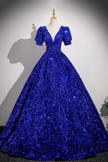 Blue V-Neck Sequins Long Prom Dress, Blue A-Line Short Sleeve Party Dress