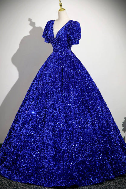 Blue V-Neck Sequins Long Prom Dress, Blue A-Line Short Sleeve Party Dress