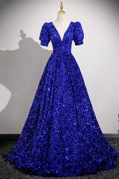 Blue V-Neck Sequins Long Prom Dress, Blue A-Line Short Sleeve Party Dress