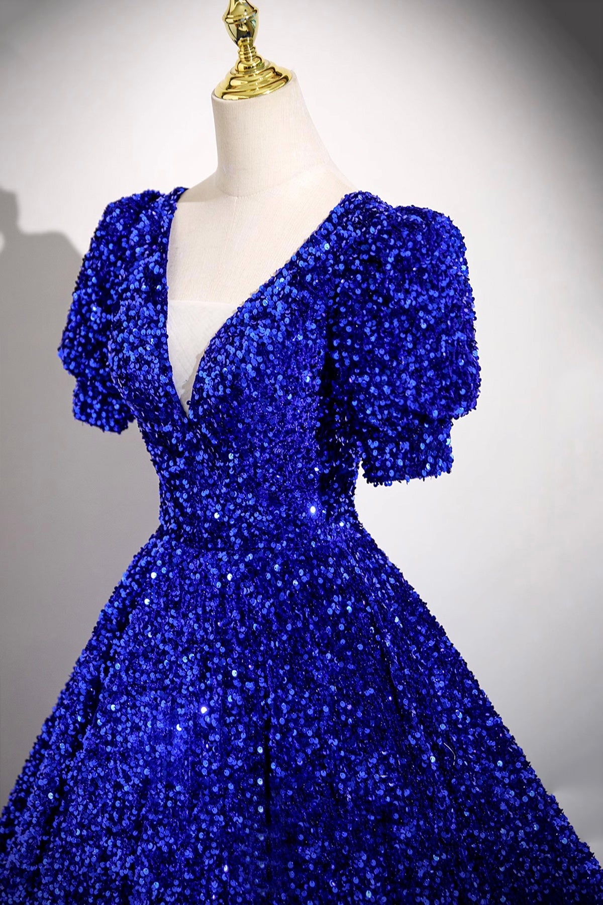 Blue V-Neck Sequins Long Prom Dress, Blue A-Line Short Sleeve Party Dress