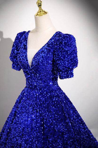 Blue V-Neck Sequins Long Prom Dress, Blue A-Line Short Sleeve Party Dress