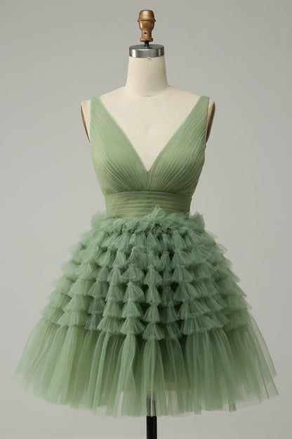 Charming Green Tulle V-neck Design A-line Tulle Homecoming Dress TP3643