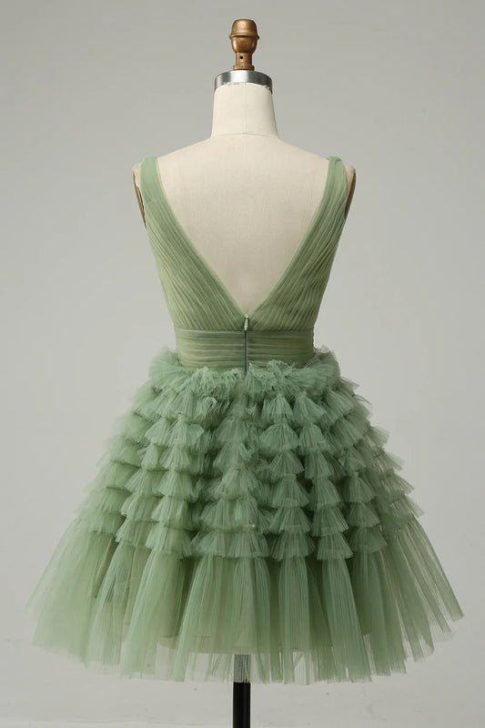 Vestido de fiesta de tul verde con escote en V y corte A TP3643