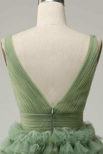 Charming Green Tulle V-neck Design A-line Tulle Homecoming Dress TP3643