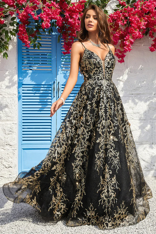 Black Golden Spaghetti Straps Long Prom Dress TP1397
